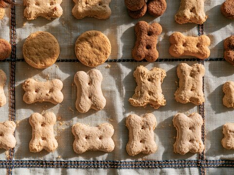 Pet biscuits and dry kibble arranged in neat rows on a cotton cloth for dog nutrition branding and pet food packaging design