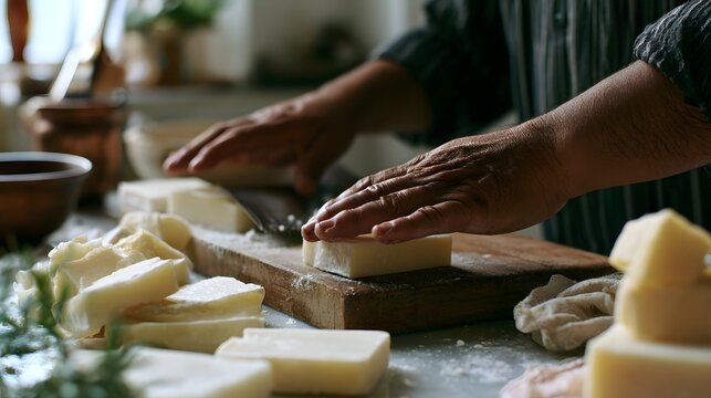 Close up of hands cutting solid white soap on a wooden board surrounded by cut pieces and herbs