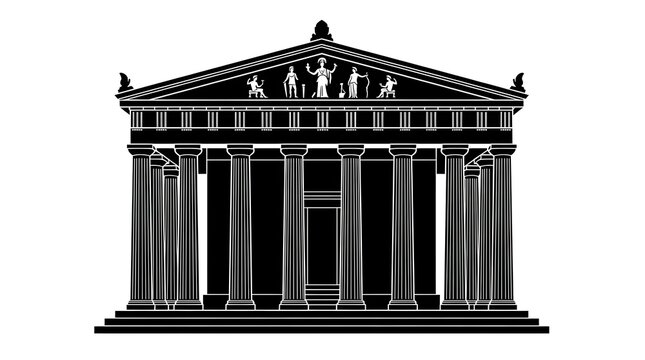Black silhouette of the ancient Greek Parthenon temple on a white background. Historic architecture icon.
