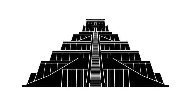 Black silhouette of an ancient Mesopotamian ziggurat step temple, isolated on a white background. Historical vector illustration