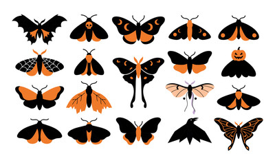 Happy Halloween Halloween-themed colorful moths and butterflies illustration set Vector © Majdea