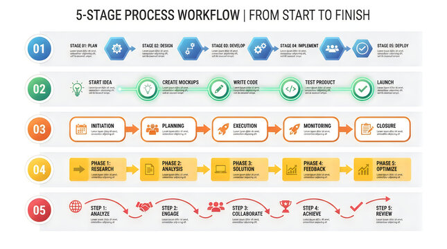Five stage process workflow diagram with icons and arrows from start to finish