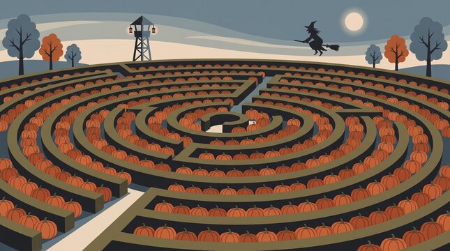 Happy Halloween Autumn Tree Illustration with Pumpkins, Witch and Falling Leaves