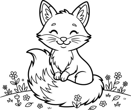 Cute cartoon fox sitting with flowers line art illustration isolated on transparent background
