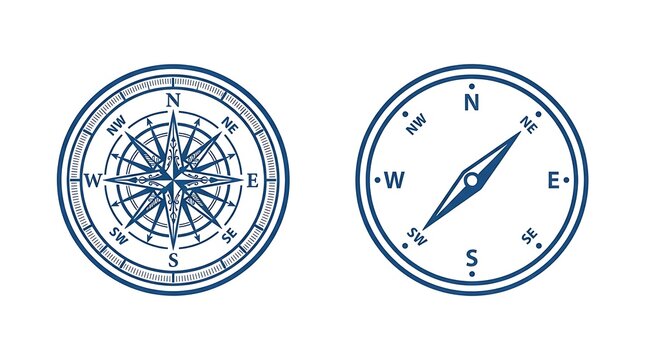 Two classic vintage compass icons showing cardinal directions for navigation and travel on a simple flat design