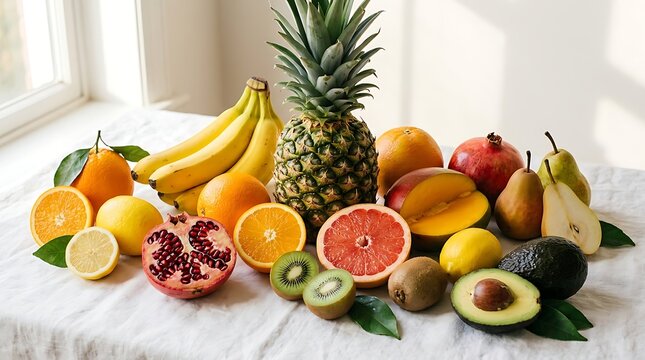 Fresh colorful assortment of tropical and temperate fruits arranged beautifully on a light cloth