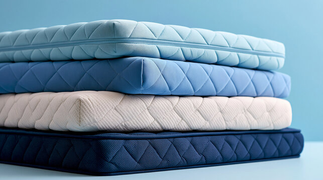Set of modern orthopedic mattresses displayed on a plain background, healthy sleep product concept, with copy space