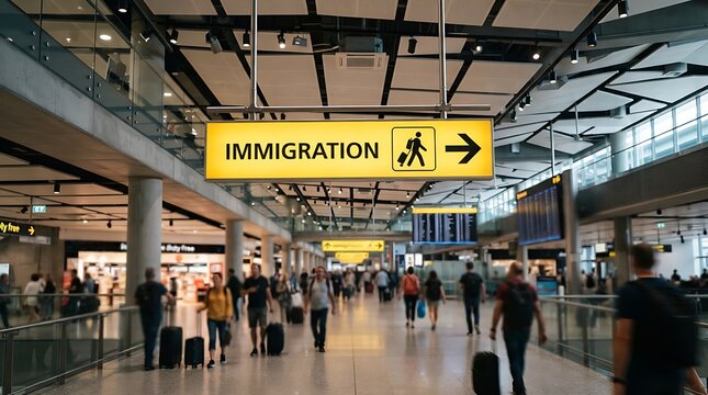 Yellow immigration sign hanging in a busy international airport terminal with travelers walking through the hall