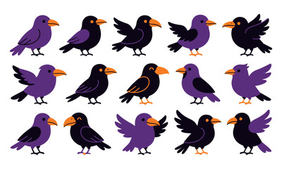 Fototapeta premium Happy Halloween Cartoon birds collection with purple and black color variations Vector
