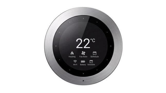 Circular smart thermostat with digital display and isolated on png transparent background