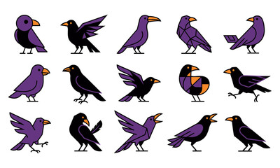 Obraz premium Happy Halloween Cartoon crows and ravens in various poses with purple and black colors Vector