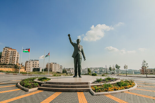 Nelson Mandela monument and city view in Ramallah