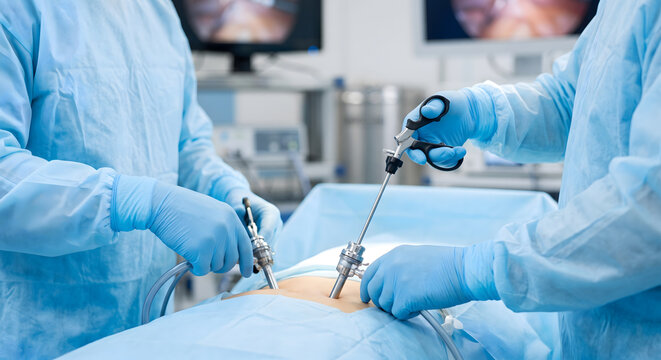Surgeons perform laparoscopic procedure with specialized instruments and blue surgical gowns in sterile theatre.