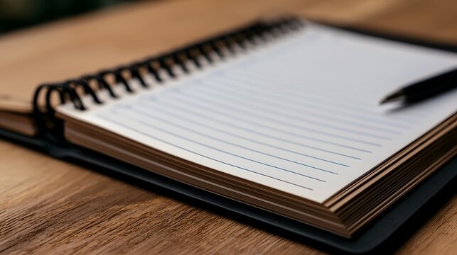An open spiral bound notebook with lined pages rests on a wooden surface beside a black pen