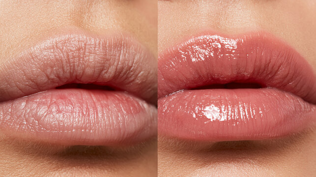 A split-screen macro comparison photo of the exact same lip area, left half: natural lips with visible dryness and uneven texture, right half: the exact same lips smooth and hydrat