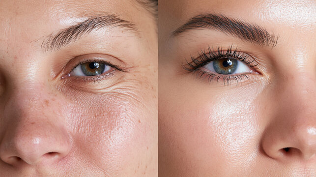 A split-screen macro comparison photo of the exact same under-eye area, left half: natural skin showing visible dark circles and fine lines, right half: the exact same area with sm