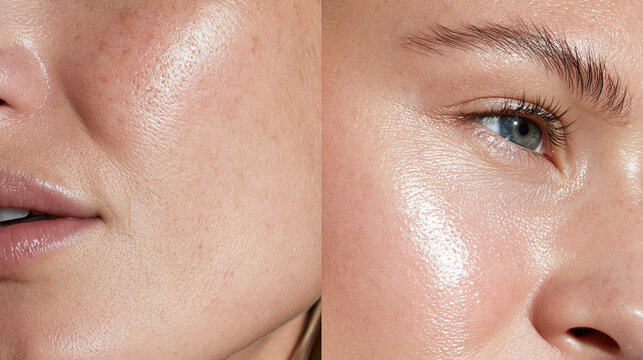 A split-screen macro comparison photo of the exact same cheekbone area, left half: natural skin with visible texture and subtle redness, right half: the exact same cheekbone smooth