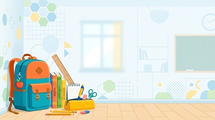 Naklejka premium Teal school backpack with colorful books and stationery on classroom wooden floor.