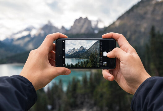 Person holding a smartphone to capture a scenic view of majestic mountain peaks and a lake