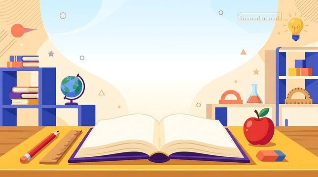 Large open book on yellow desk with globus and educational tools in bright room.