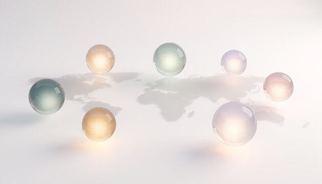 Balanced glowing currency spheres arranged over a soft world map