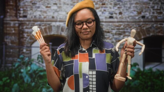 Young woman holds paintbrushes and wooden mannequin while tilting head and showing pensive expression in studio; creative contemplation.