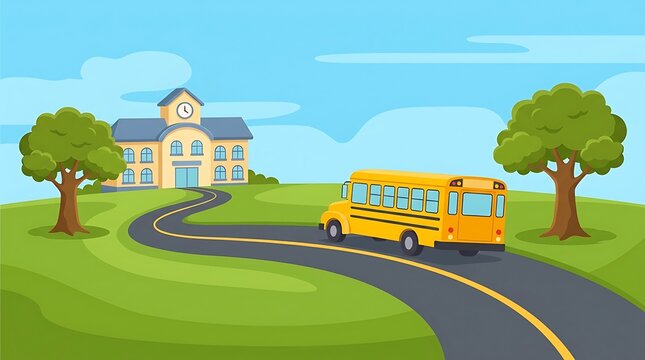 Yellow school bus driving on winding road toward educational building on hills.