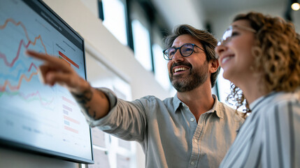 Obraz premium Operations manager in a casual button-down shirt walking an external auditor through a supply-chain performance dashboard on a wall-mounted screen, both standing near a whiteboard,