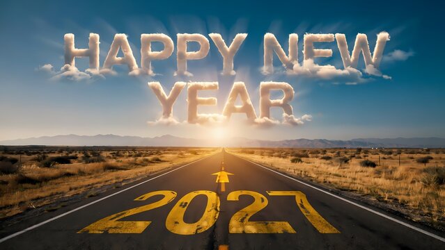 An empty desert highway stretching across barren terrain towards distant mountains under a blue sky with happy new year text formed by clouds and painted numbers on the pavement