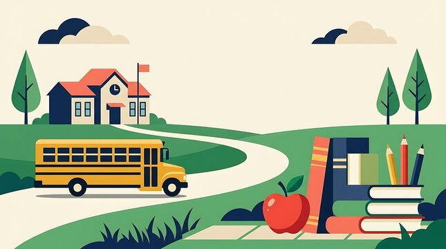 Yellow school bus driving on winding road toward building for student transport.