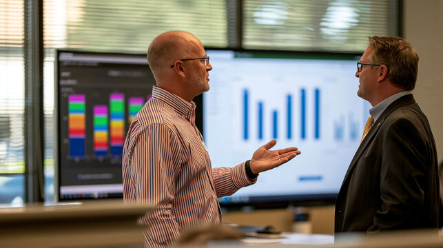 Casual-dressed process improvement manager gesturing toward a productivity dashboard on a large screen while an external auditor in a suit listens attentively, colorful stacked bar