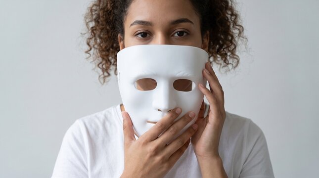 Young woman holding white face mask concealing identity and emotions