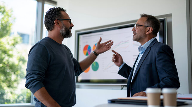Internal auditor in casual attire and an external compliance auditor in formal wear reviewing a risk-assessment dashboard together on a wall-mounted screen, colorful pie charts and