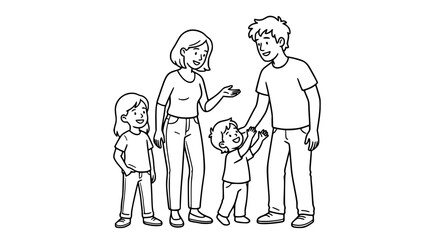 Hand drawn line art sketch of a happy family with mother father young daughter and toddler son talking together vector illustration isolated on white background, 23 words.