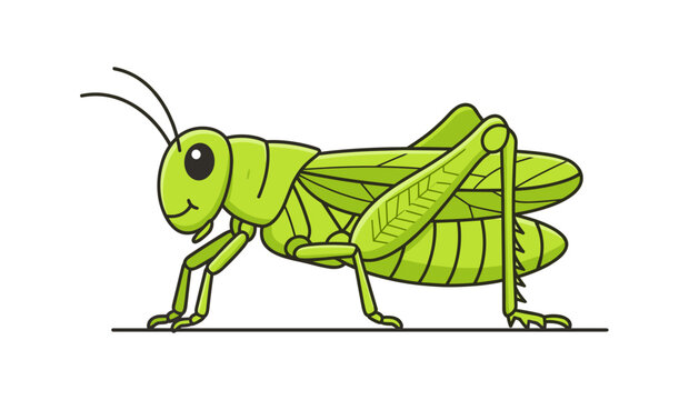 Minimalist cute grasshopper character vector illustration sitting with happy smiling expression on a plain white background