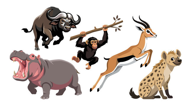 African wildlife animal vector set featuring buffalo hippo chimpanzee gazelle and hyena on isolated white background