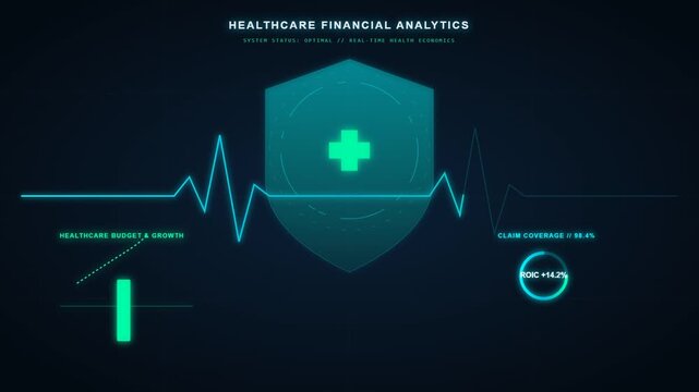Digital futuristic interface displaying healthcare financial analytics and medical growth data on a dark background