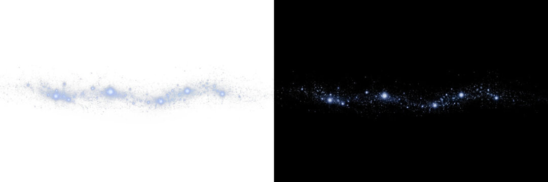 Glowing blue cosmic dust and sparkling particles forming a horizontal light wave on a black background. Magical glitter trail with bright star-like flares for festive and abstract designs.