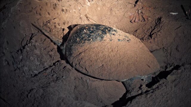 Close-up of a turtle digging into the earth with its legs and shell