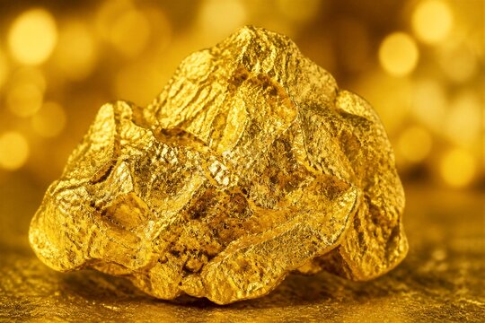 Gold nugget resting on reflective golden surface with bokeh