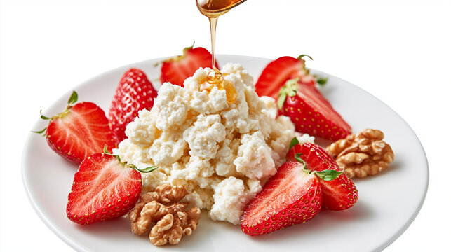Hyperrealistic premium studio food photography for cottage cheese packaging, pure white background, soft diffused lighting, sharp focus, realistic shadows, premium advertising look