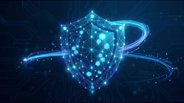 Abstract Digital Shield with Orbiting Light Trails on Circuit Board for Cybersecurity