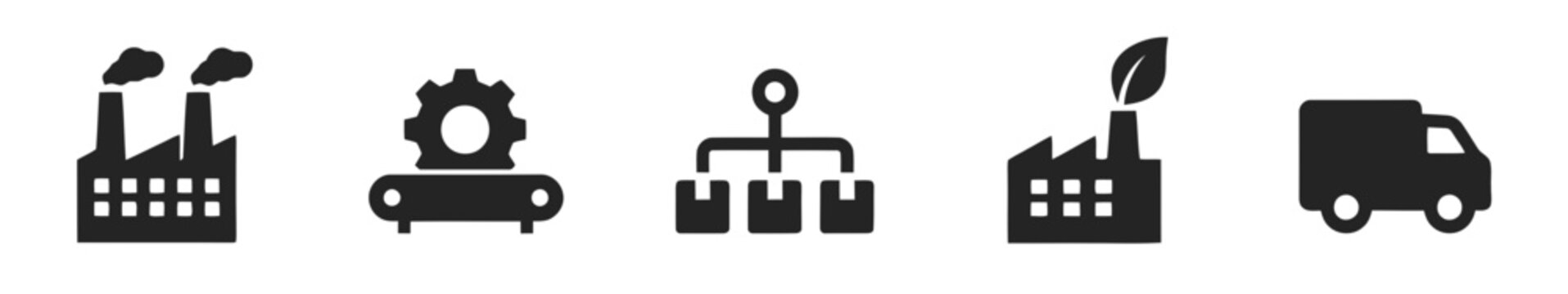 Manufacturing and logistics icon set with factory, gear and conveyor belt, organization chart, eco factory with leaf and delivery truck, flat black vector icons for industry and supply chain diagrams