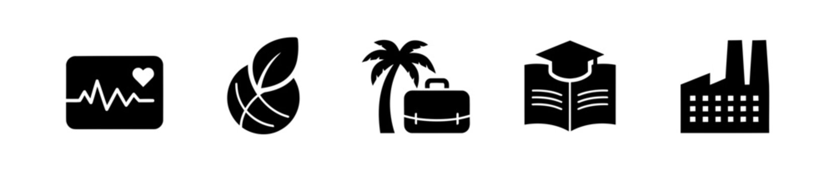 Set of black business and lifestyle icons representing various industry sectors and concepts.
