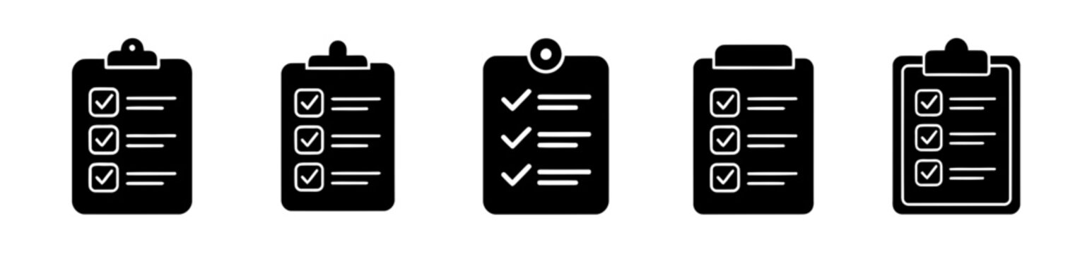 Checklist clipboard flat icon set with checkmarks in five different styles, black glyph symbols on white background, task list and to-do management vector icons for business apps