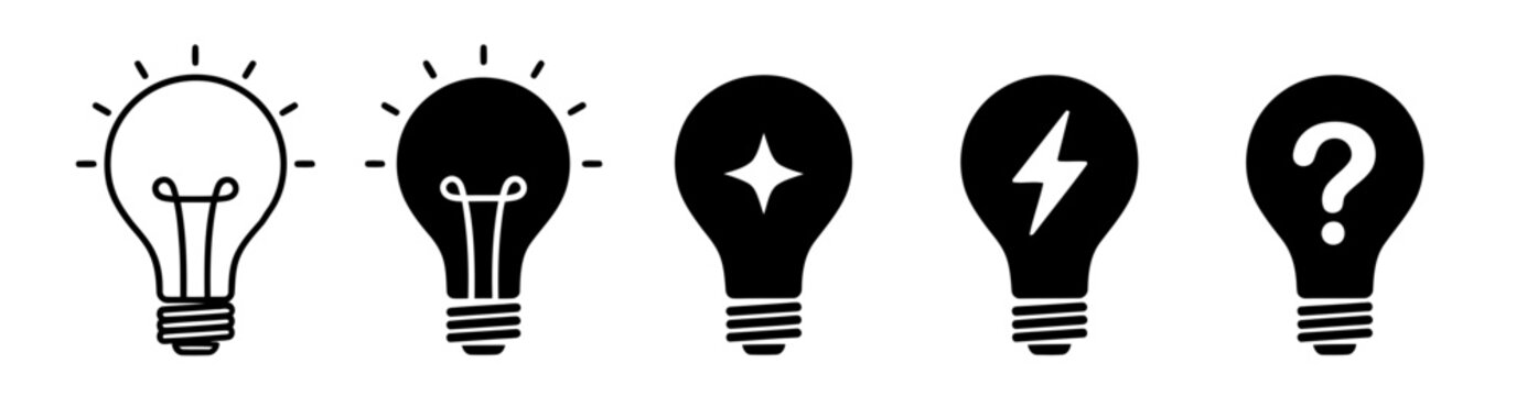 Set of flat light bulb icons representing ideas, innovation, energy and problem solving.