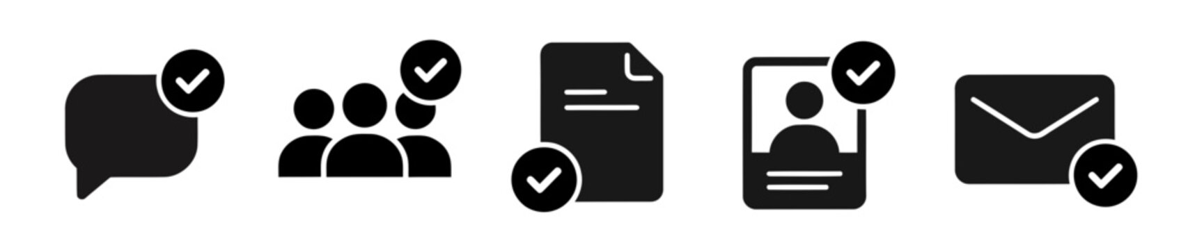 Verified communication icon set with checkmark badge on chat bubble, team, document, ID profile card and email envelope, flat black vector icons for approval and identity verification and trust theme