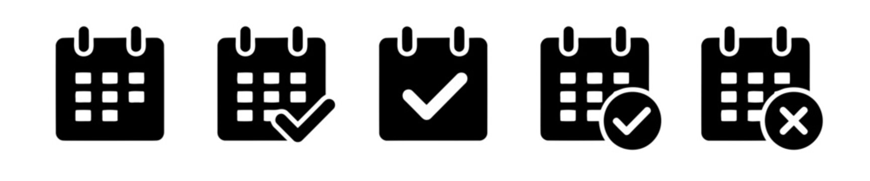 Calendar flat icon set with checkmark confirmation and cancel X symbols in five styles, black glyph icons on white background, appointment scheduling and event vector icons collection