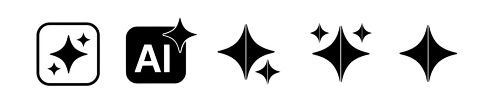 Sparkle star flat icon set with AI badge, four point star burst symbols in various sizes, black glyph icons on white background, magic shine and technology vector icons collection