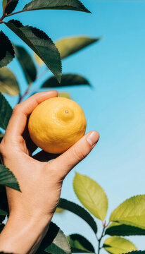 Hand picking fresh yellow lemon from tree against blue sky background